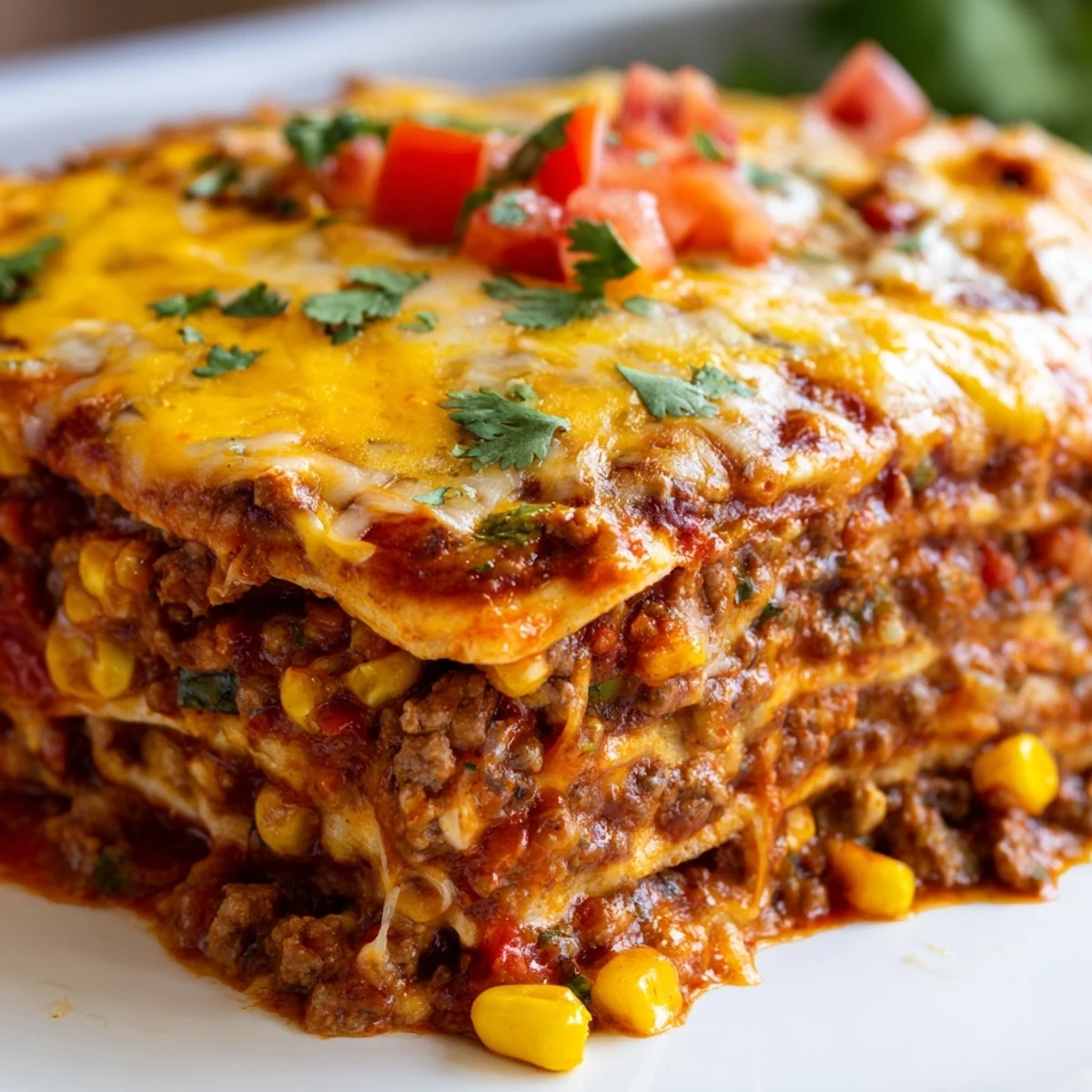 Golden melted cheese tops this baked beef enchilada casserole with rich red sauce
