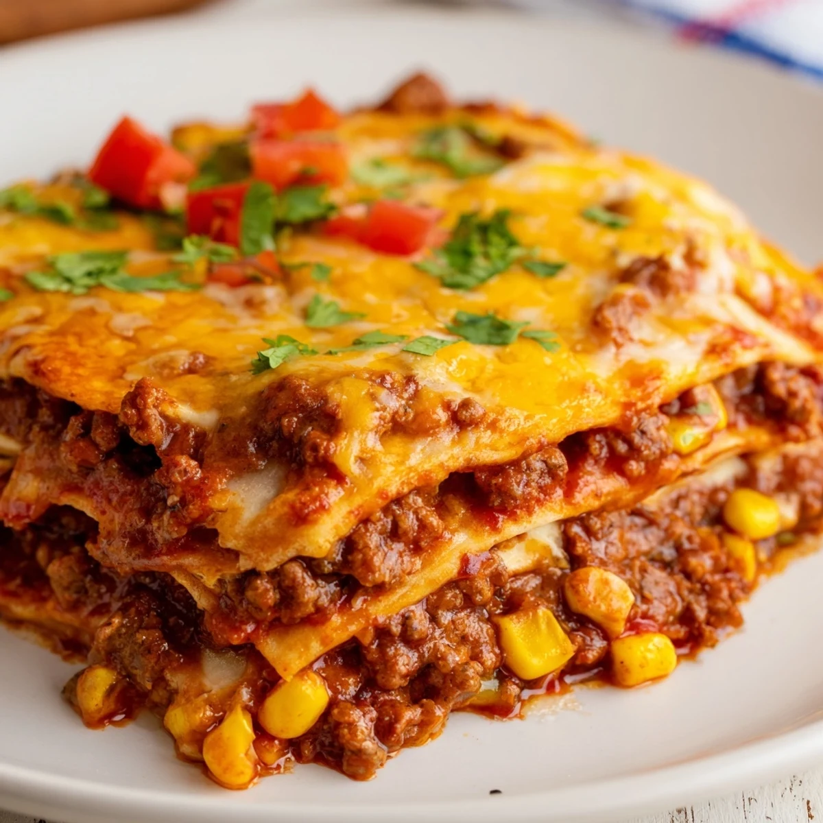 Layers of seasoned beef and corn tortillas in bubbling baked beef enchilada casserole