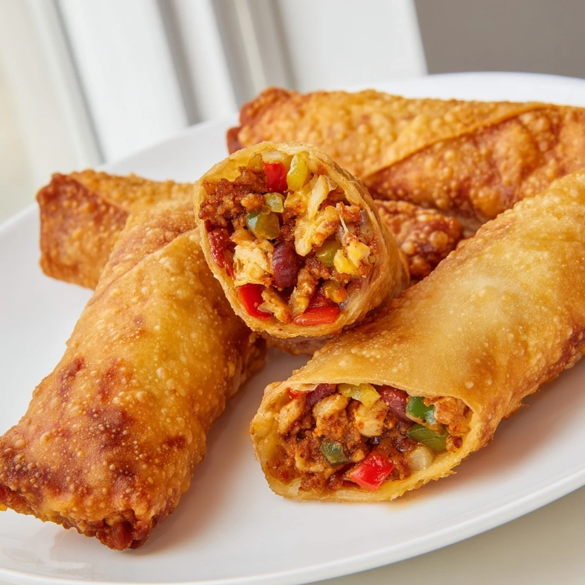 Golden crispy voodoo egg rolls with spicy Cajun meat filling on a rustic plate
