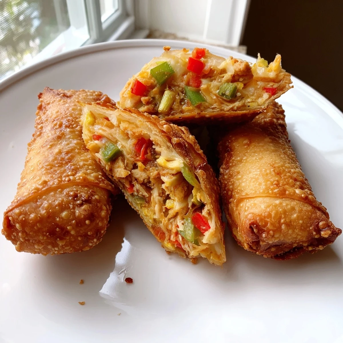 Crispy fried voodoo egg rolls stuffed with andouille sausage and melted cheddar cheese