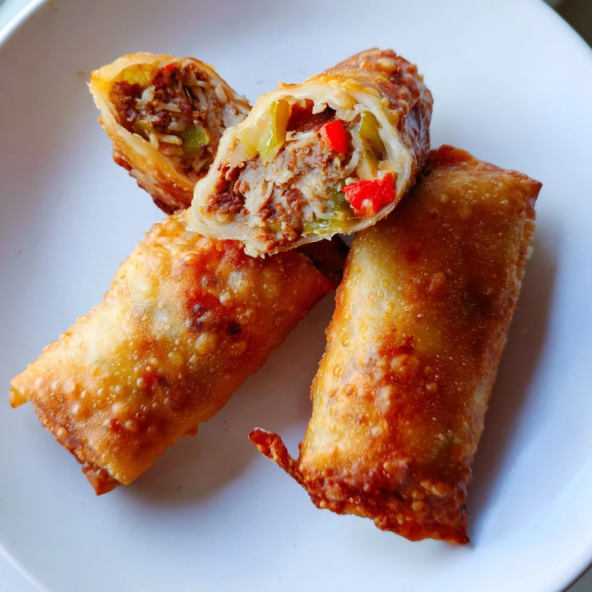 Close-up of voodoo egg rolls served hot with creamy remoulade dipping sauce