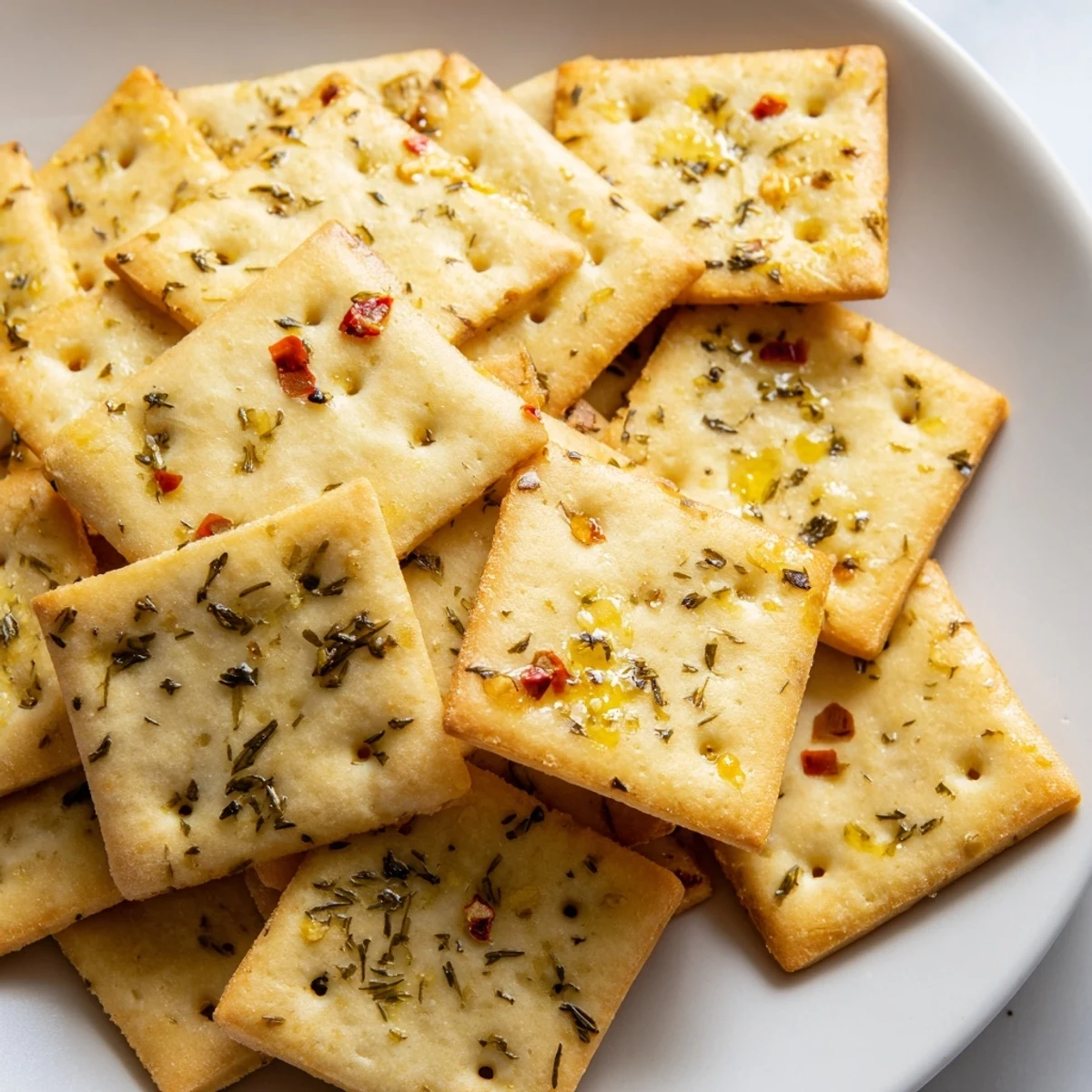 Golden dill pickle saltines arranged on parchment, coated in a garlicky dill mixture.