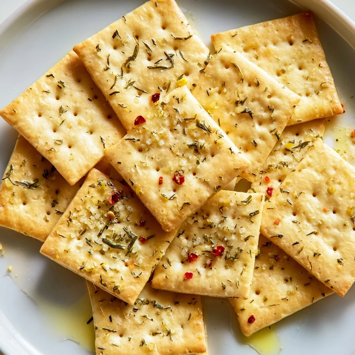 Crispy dill pickle saltines brushed with herby butter, fresh from the oven.