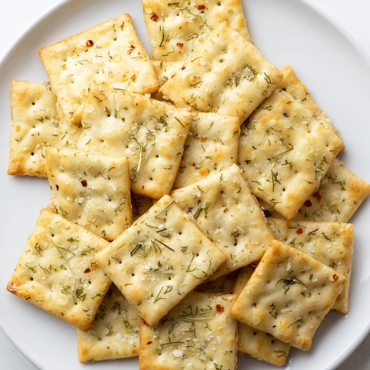 A bowl of crunchy dill pickle saltines served alongside pickles at a party.