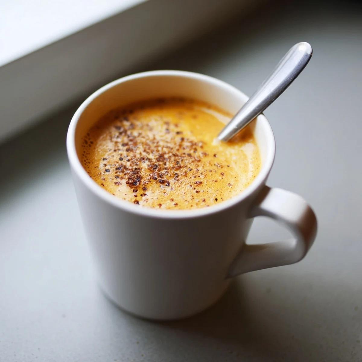 Rich Korean sweet potato latte blended smooth and poured into two ceramic mugs