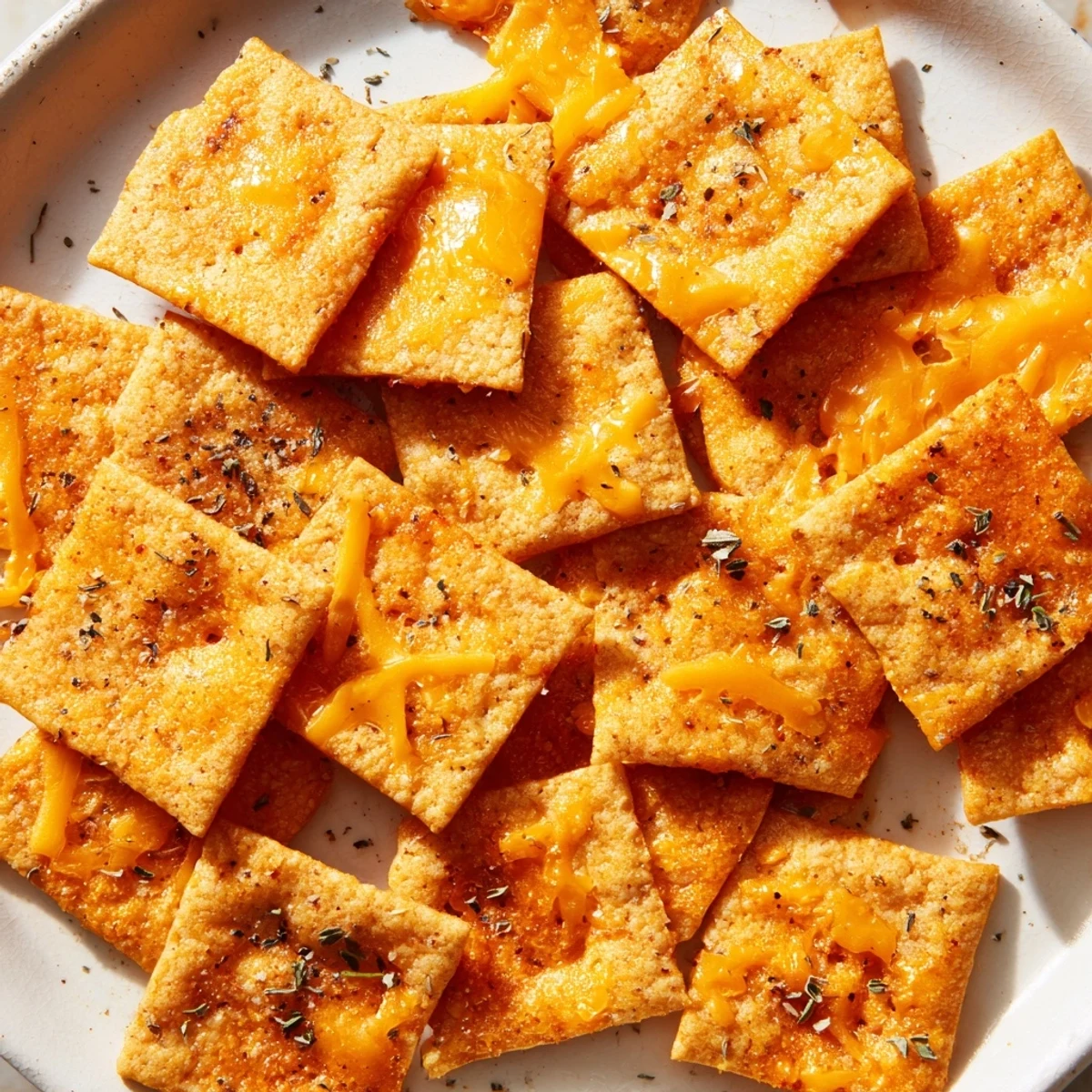 Golden crispy taco crackers topped with melted cheddar and fragrant oregano on parchment