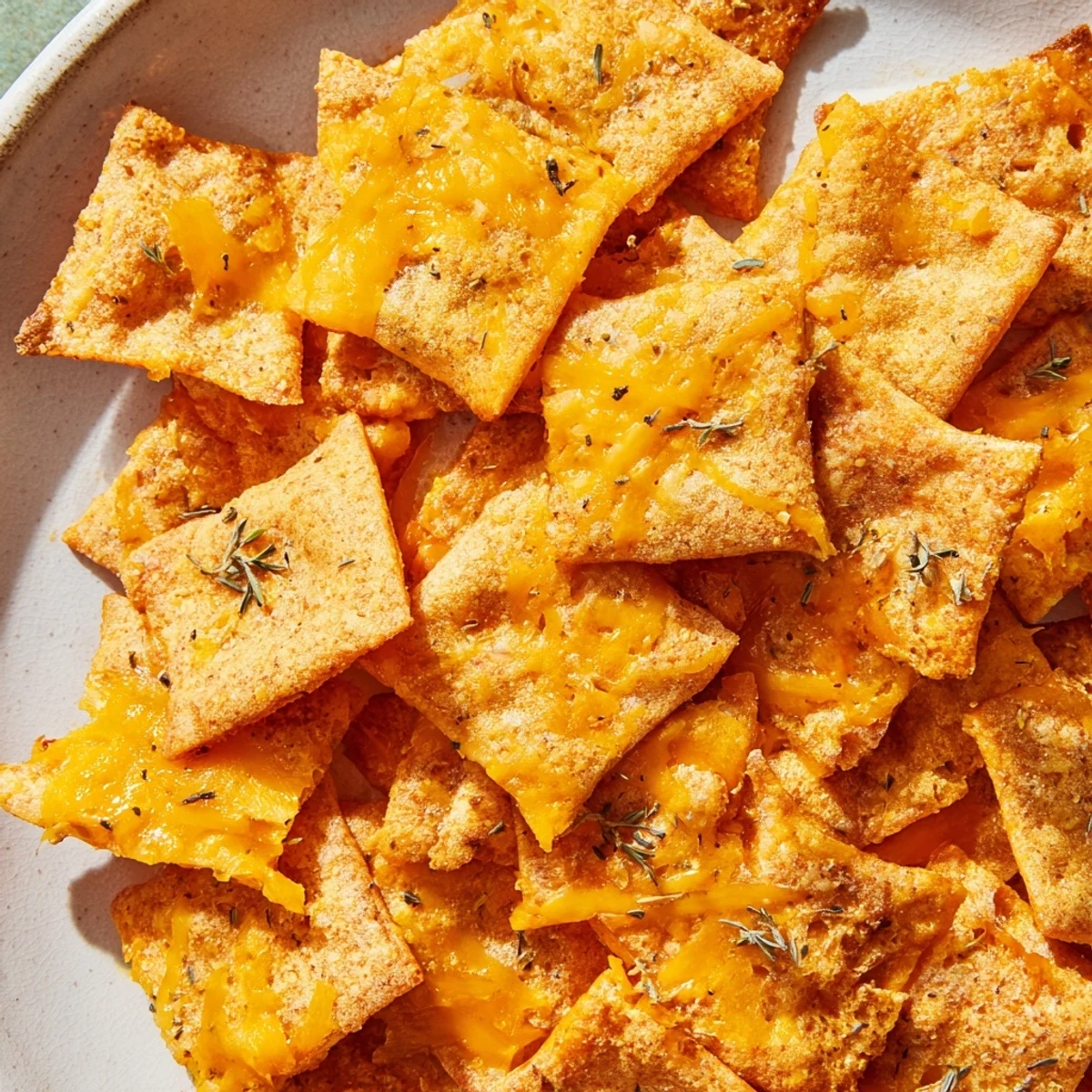 Crunchy baked taco crackers arranged on a rustic wooden board with salsa