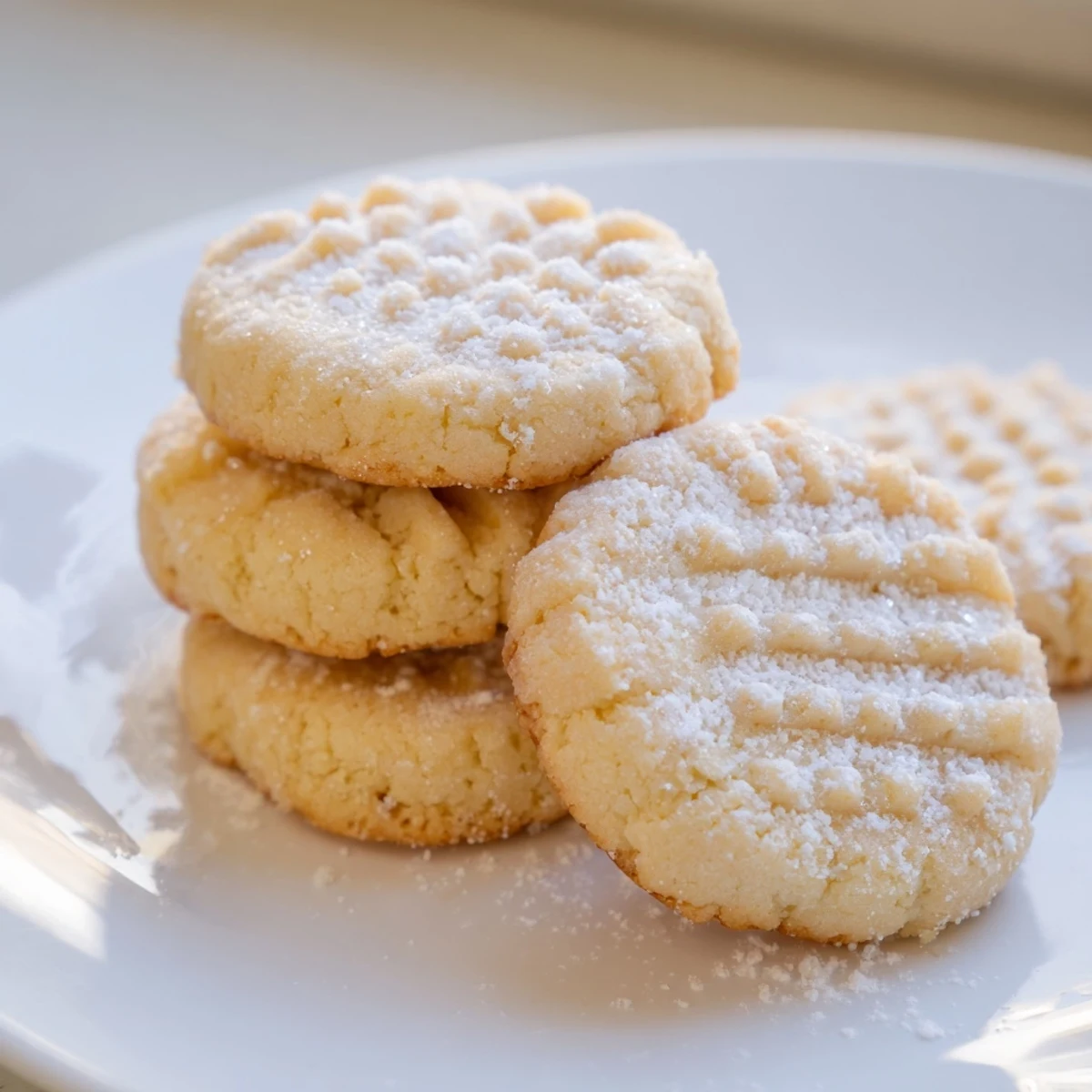 Golden Grandma's Secret Butter Cookies dusted with powdered sugar on a rustic plate