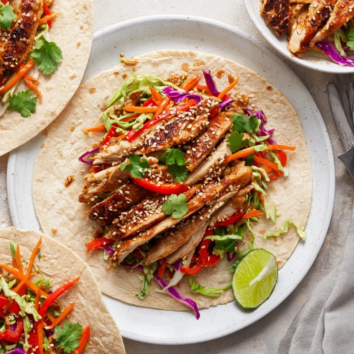 Golden sliced chicken nestled in Thai chicken wraps with crunchy Asian slaw