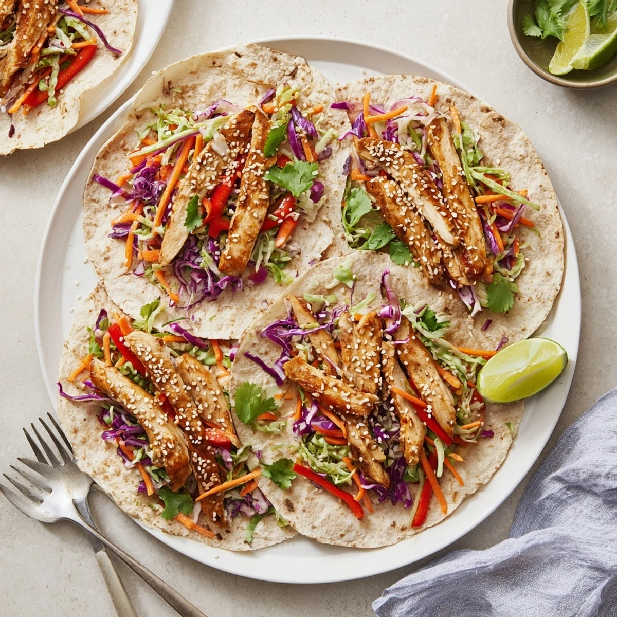 Warm tortilla folded around Thai chicken wraps topped with vibrant red cabbage slaw