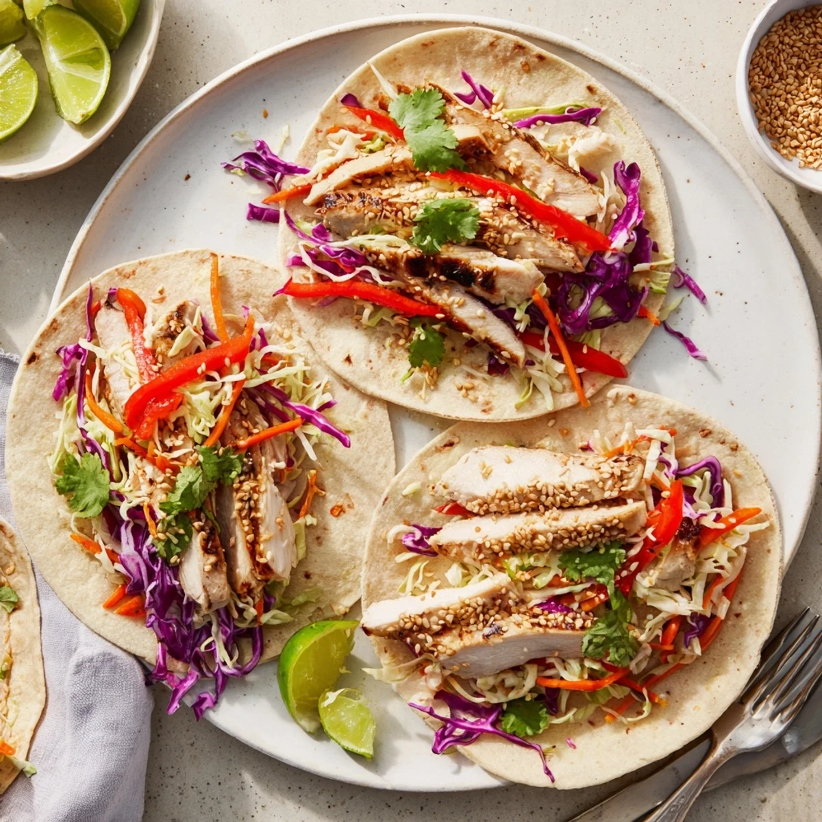 Juicy grilled chicken strips inside Thai chicken wraps scattered with toasted sesame seeds