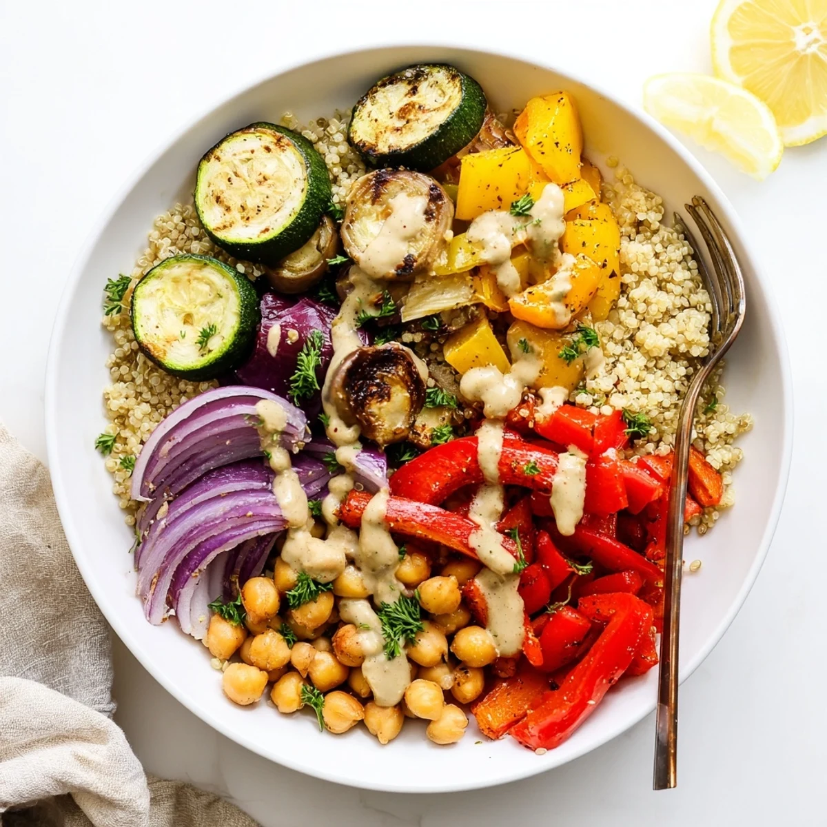 Golden roasted zucchini, eggplant, and chickpeas in a vegan Mediterranean roasted vegetables bowl