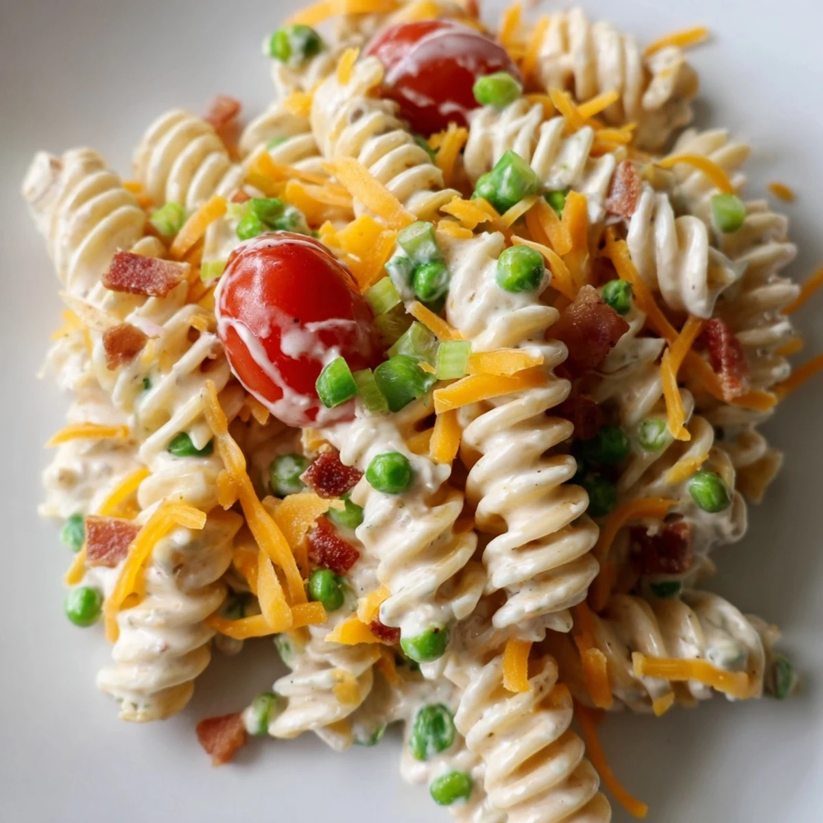 Creamy crack pasta salad tossed with crunchy veggies, cheddar, and crispy bacon bits