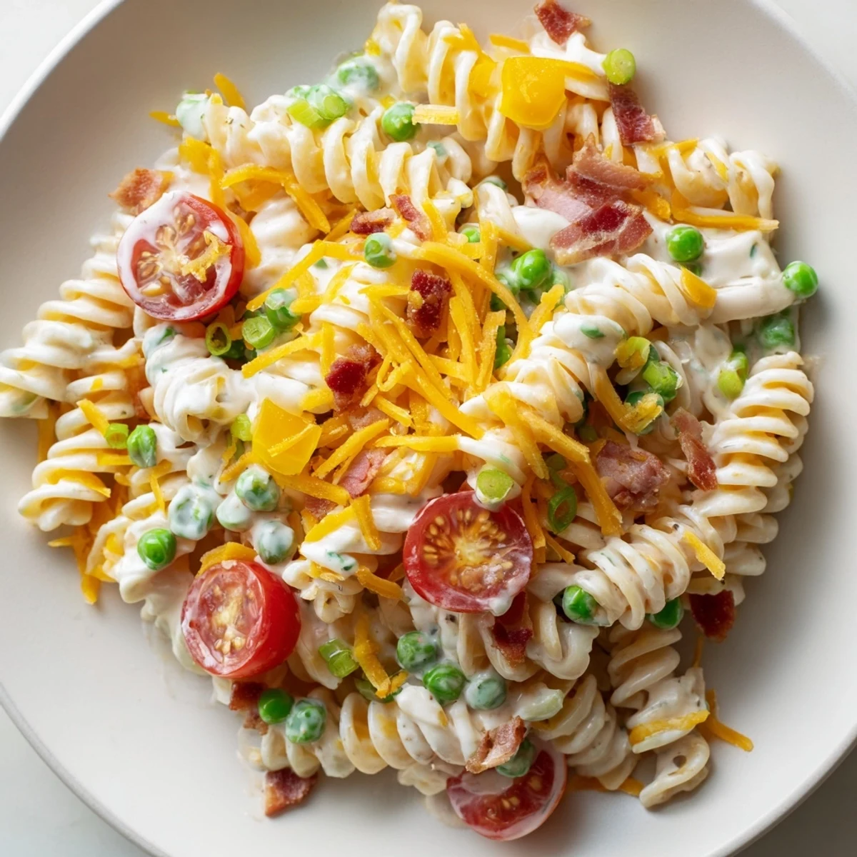 Hearty crack pasta salad topped with green onions, peas, and shredded cheese