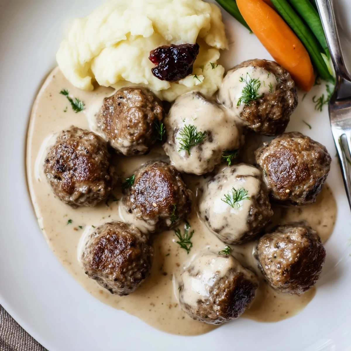 Homemade Ikea Meatballs glistening in creamy gravy beside buttery mashed potatoes.