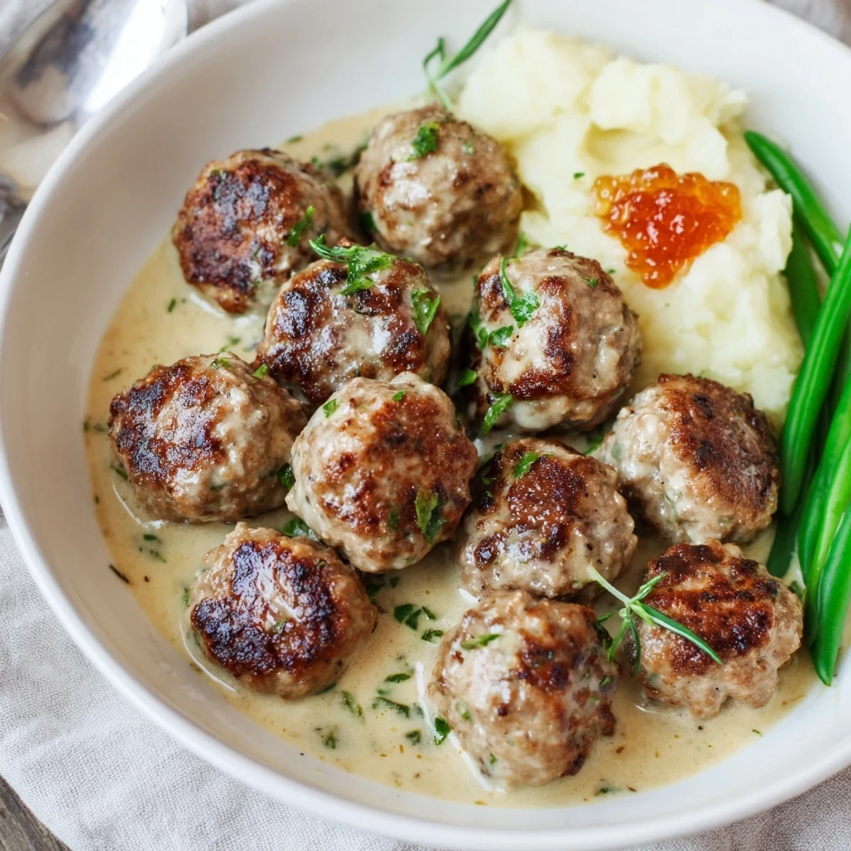 Skillet of Homemade Ikea Meatballs, browned and tender, served with lingonberry jam.