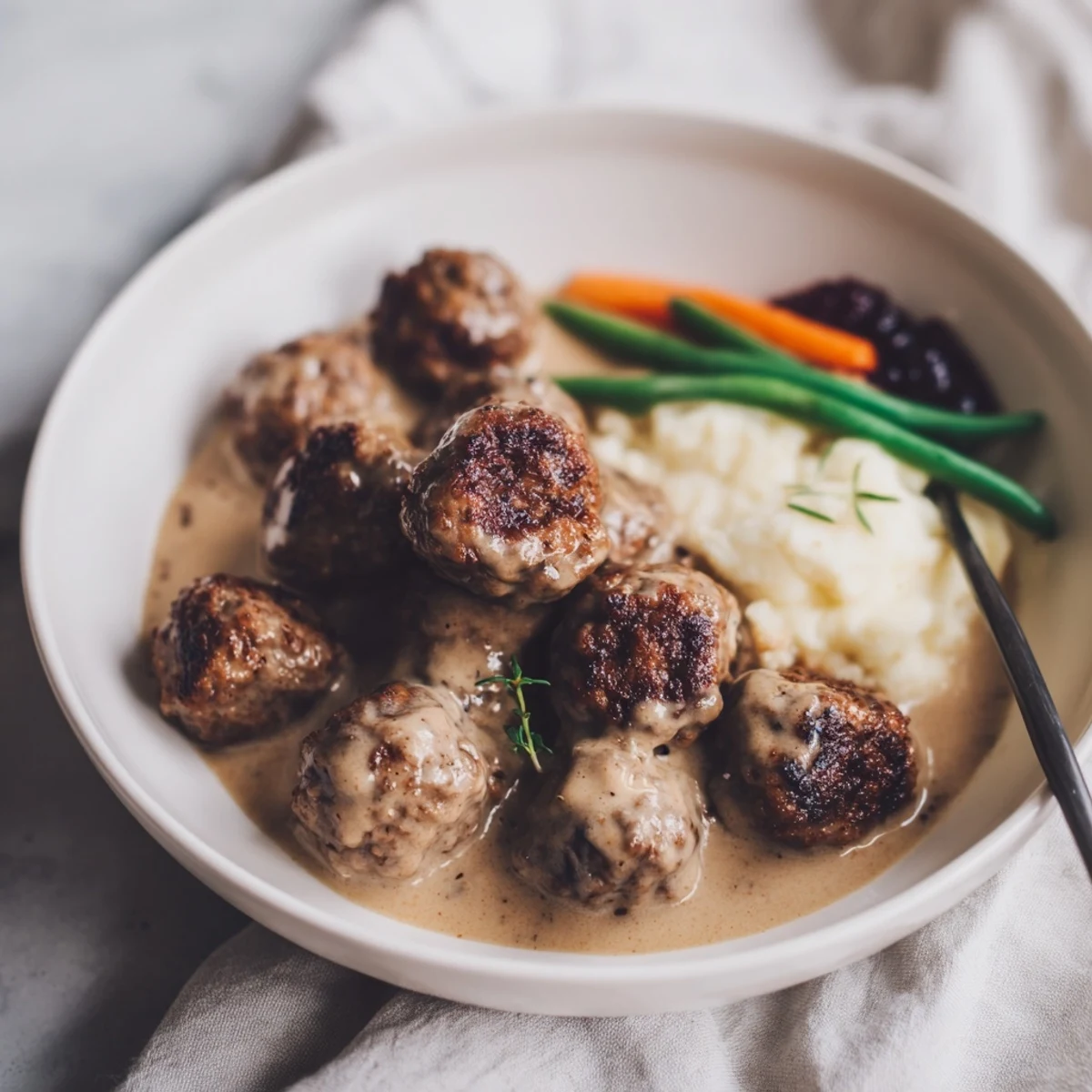 Close-up of Homemade Ikea Meatballs coated in velvety cream sauce, steaming.