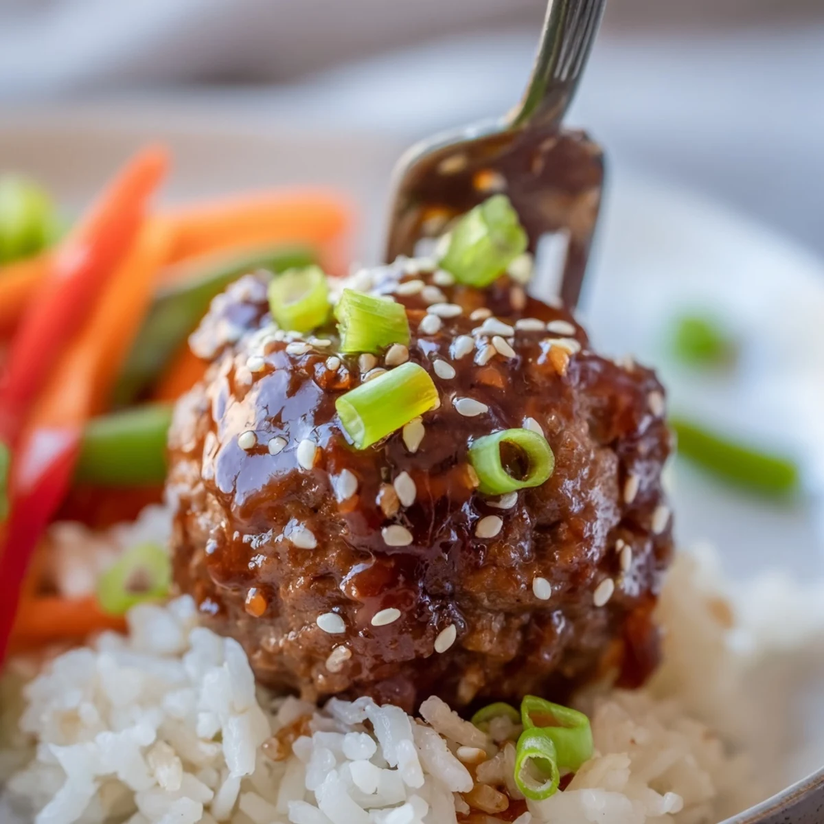Hello Fresh Firecracker Meatballs glazed with shiny chili honey sauce over jasmine rice