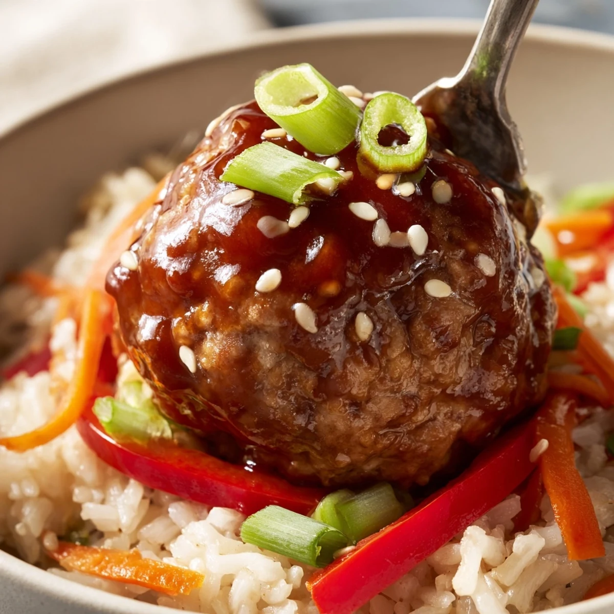 Plated Hello Fresh Firecracker Meatballs beside crisp sautéed vegetables and fluffy jasmine rice