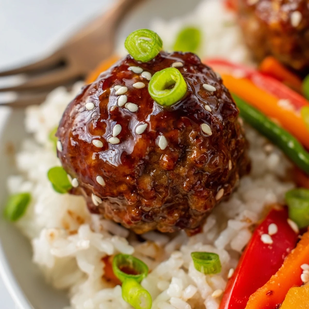 Hello Fresh Firecracker Meatballs tossed in spicy sweet sauce, served with sliced scallions