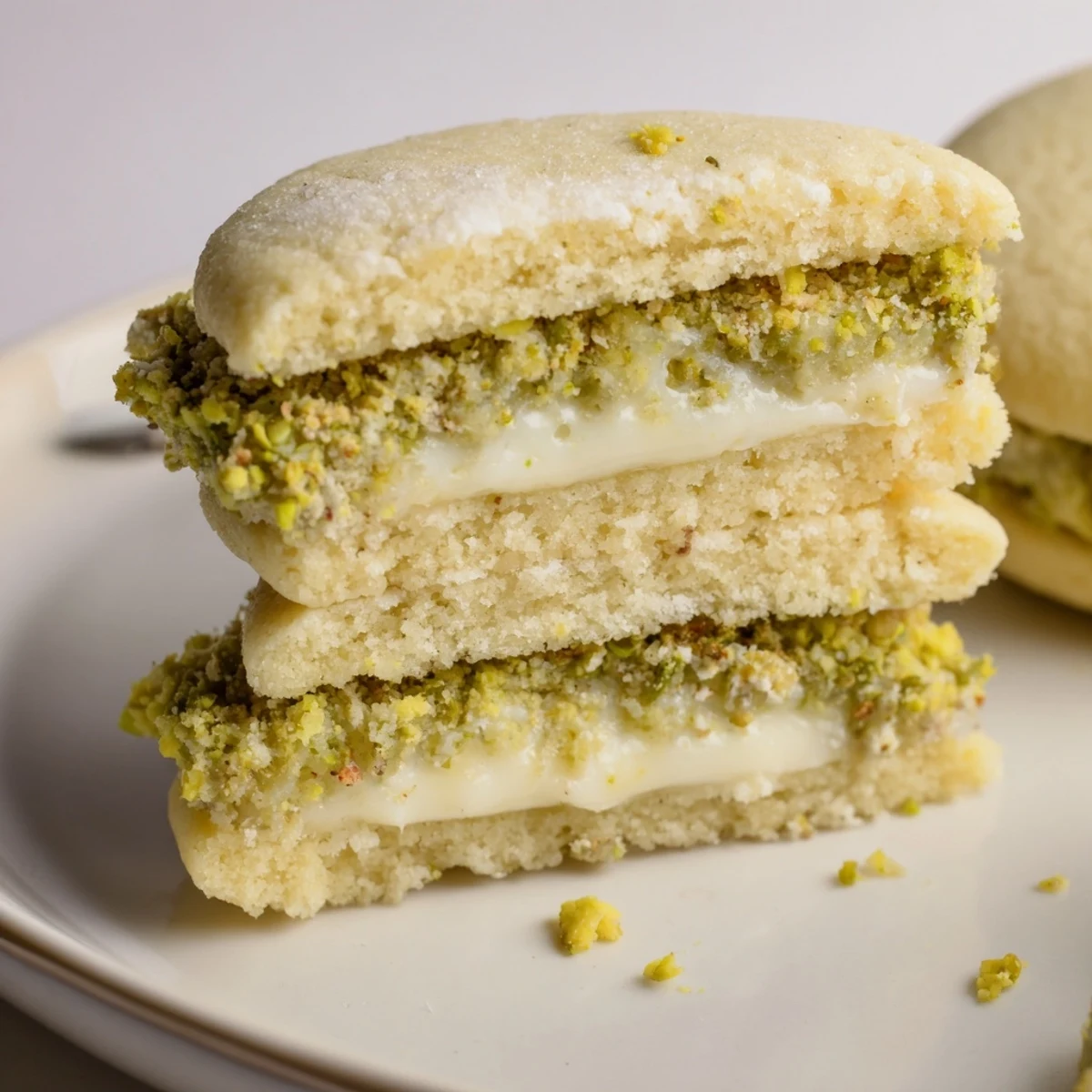 Pistachio Cream Cookies Recipe: buttery sandwich cookies with pale green filling, chopped pistachios