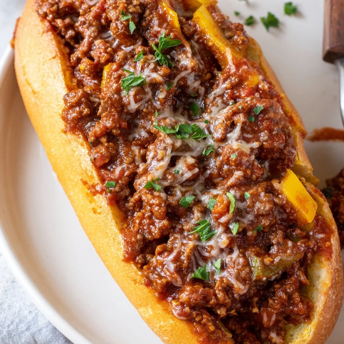 Hearty Garlic Bread Sloppy Joes piled high, savory beef and golden garlic