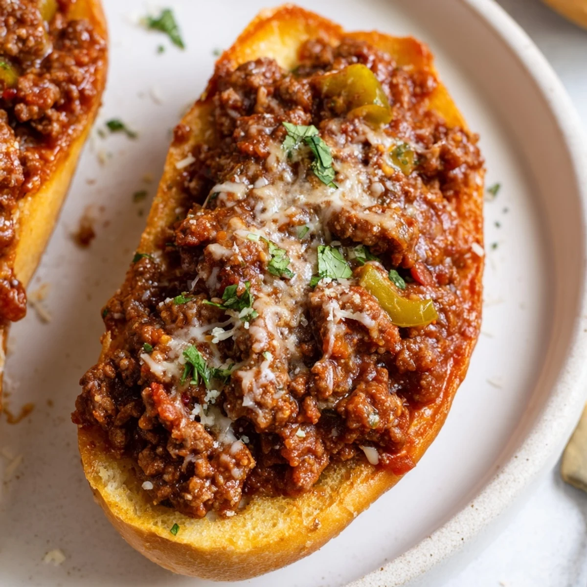 Warm Garlic Bread Sloppy Joes sliced into portions, oozing cheesy tomato filling