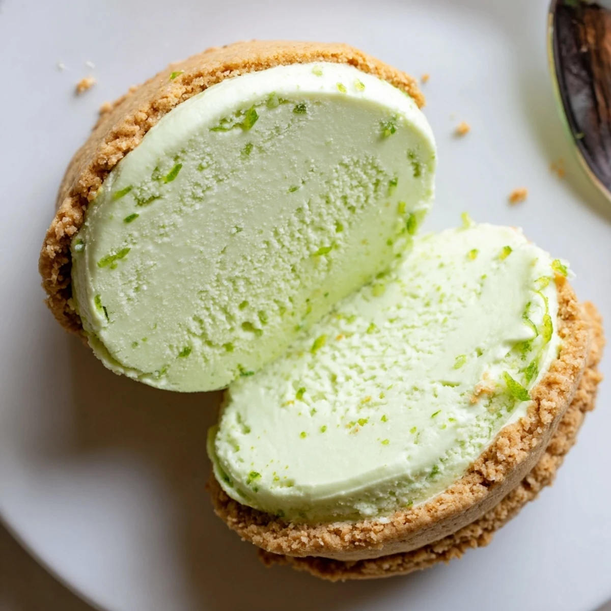Bright Key Lime Pie Ice Cream Sandwiches on parchment, edges rolled in graham crumbs