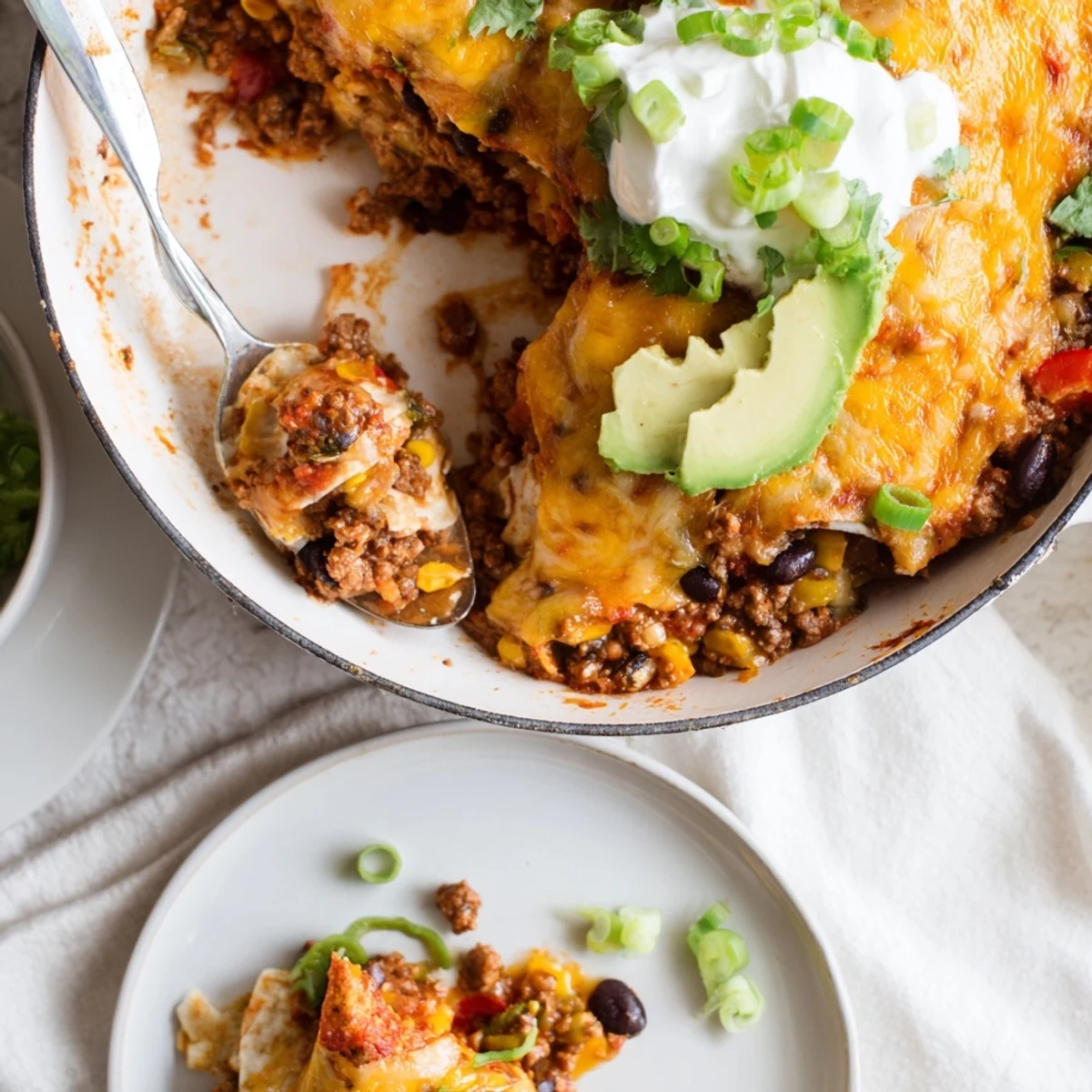 Hearty Beef Skillet Enchiladas steaming, layered corn tortillas and spicy sauce