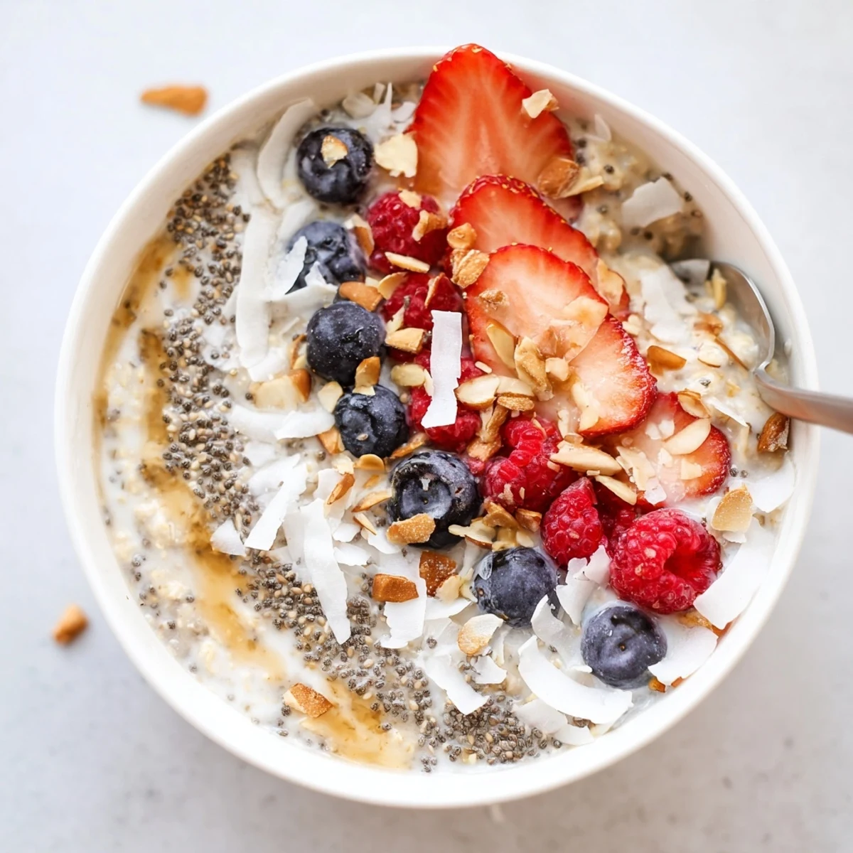 Jar of Healthy Coconut Cream Overnight Oats with chia seeds, velvety texture