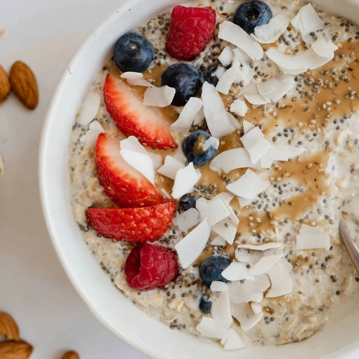 Creamy, chilled Healthy Coconut Cream Overnight Oats topped with berries and toasted coconut