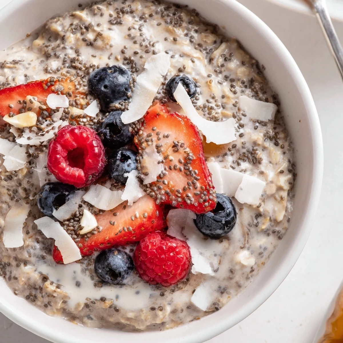 Make ahead Healthy Coconut Cream Overnight Oats served chilled with nuts and extra cream