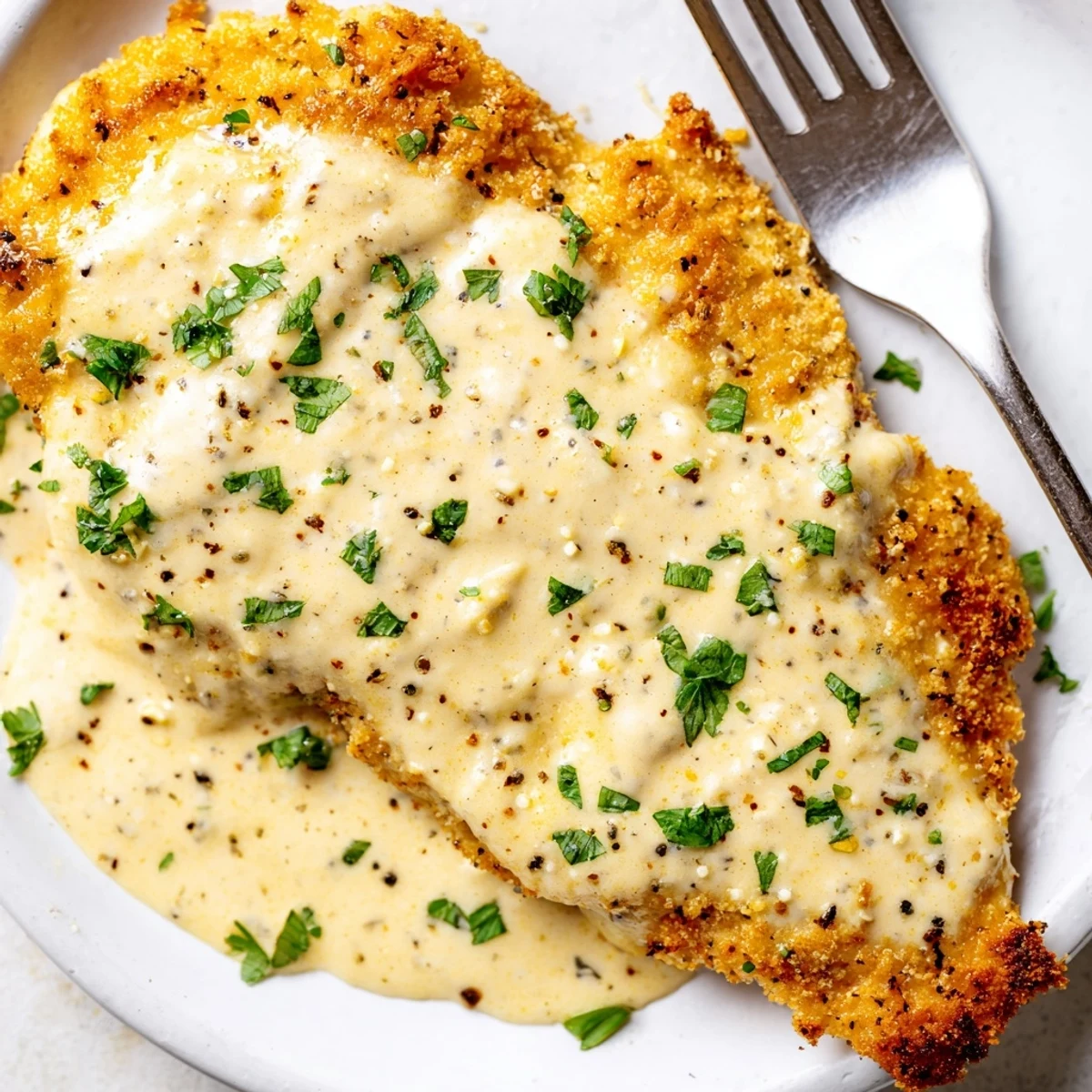 Juicy Caesar Chicken Recipe with golden baked breasts, melted parmesan, parsley garnish