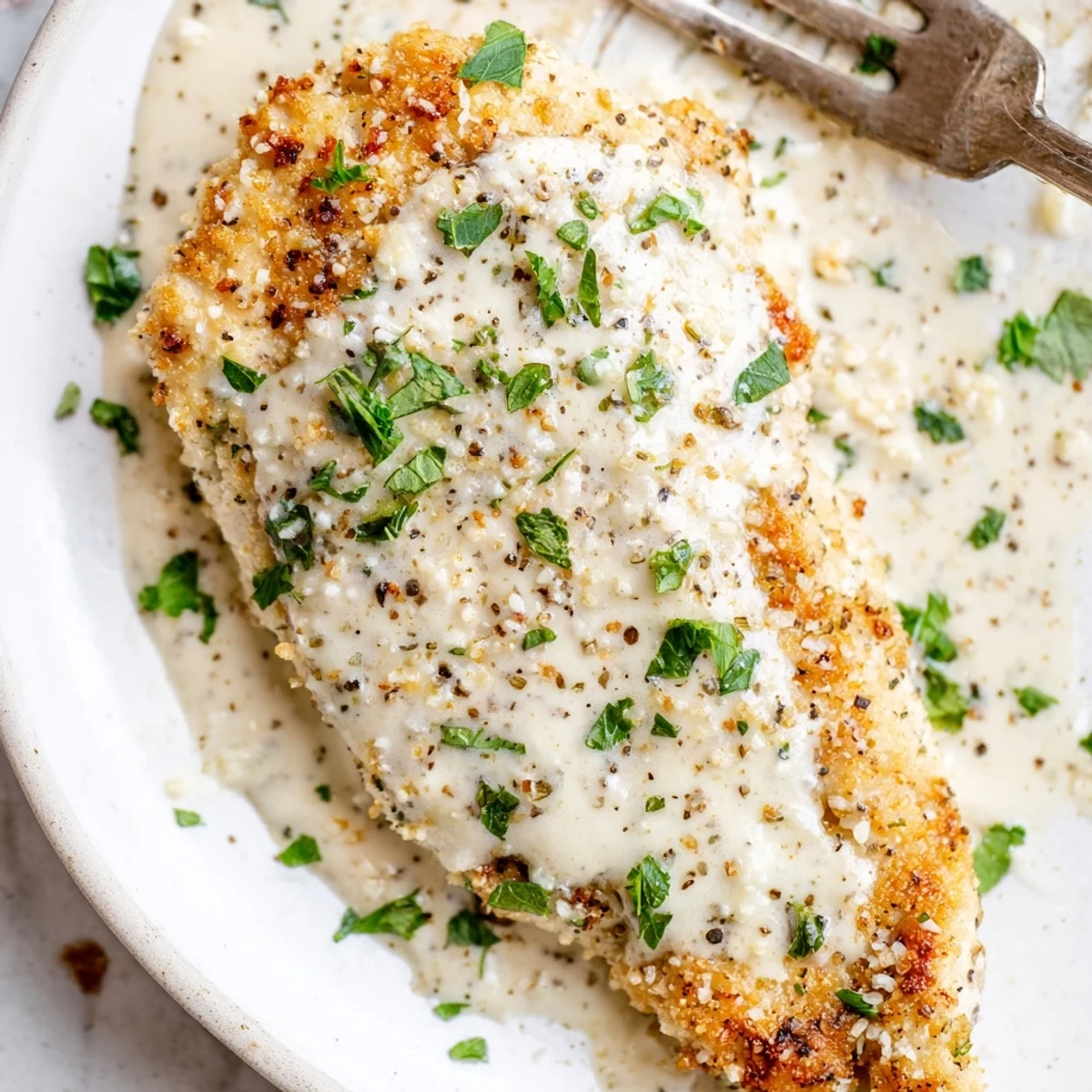 Family style Caesar Chicken Recipe served hot with roasted vegetables and lemon wedge