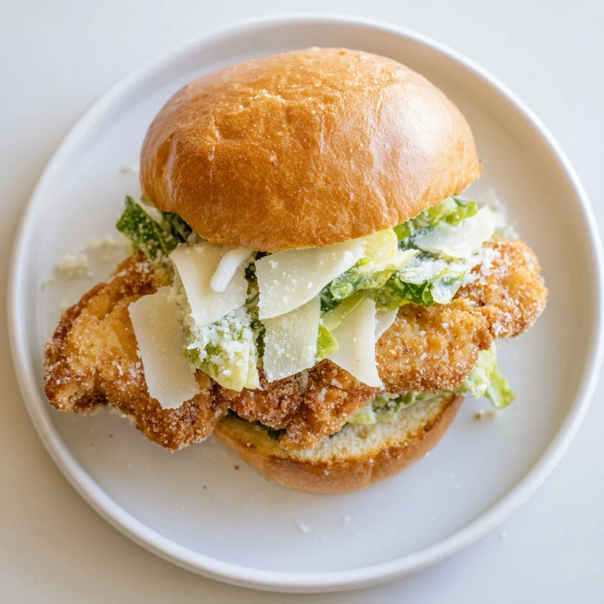 Crispy Chicken Caesar Sandwich Recipe showing golden fried fillet, crunchy romaine, toasted brioche.
