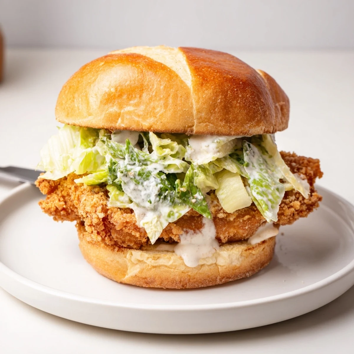 Plated Crispy Chicken Caesar Sandwich Recipe paired with lemon wedge and chilled beer.