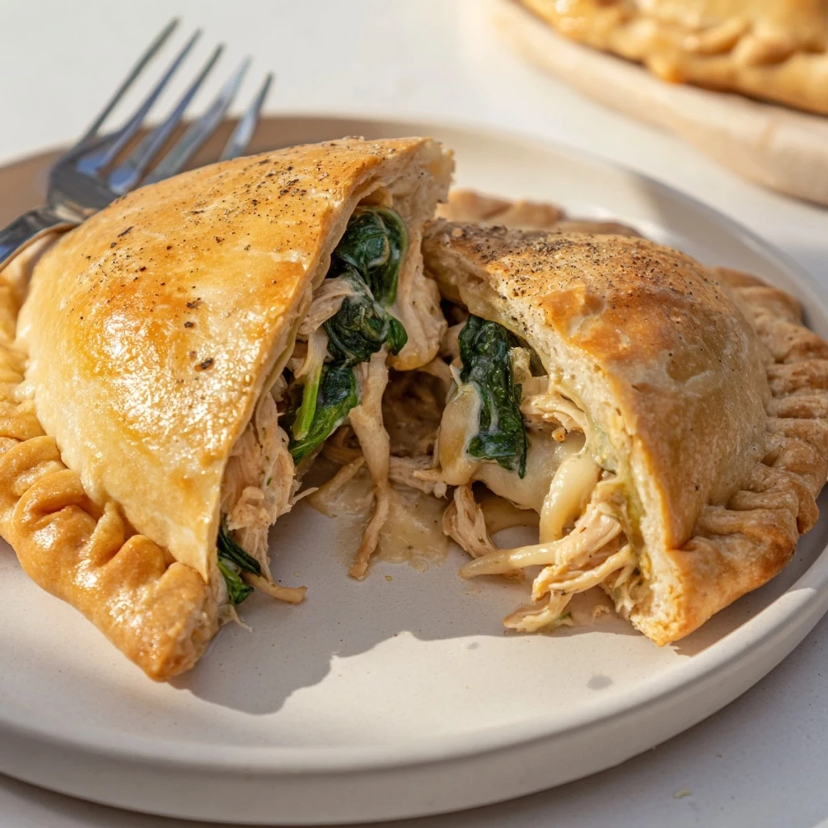 Crispy Cheesy Chicken Alfredo Air Fryer Calzones with golden crust and gooey filling