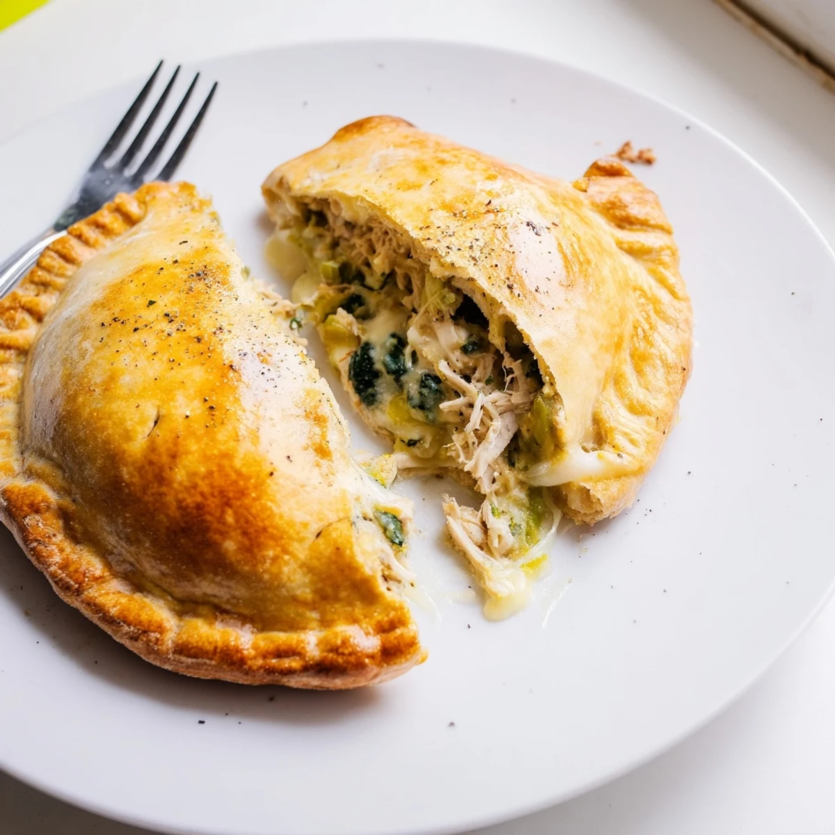 Crispy Cheesy Chicken Alfredo Air Fryer Calzones sliced, steam rising, parsley sprinkle