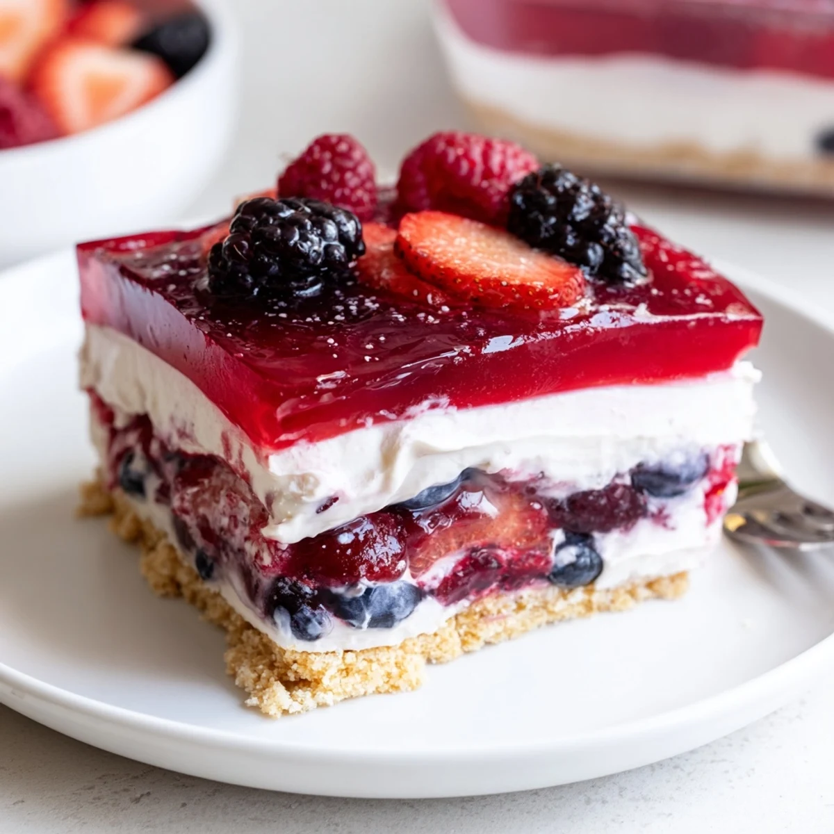 Summer Berry Jello Lasagna layered with creamy cheesecake, glistening berries, chilled