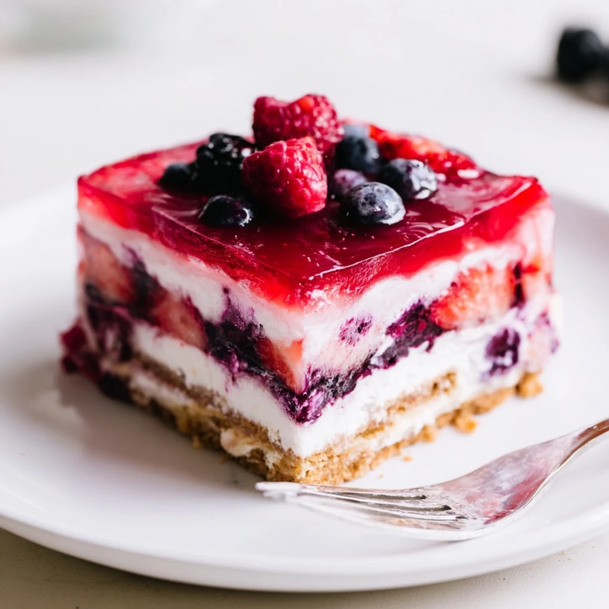 Chilled Summer Berry Jello Lasagna topped with whipped cream and fresh berries