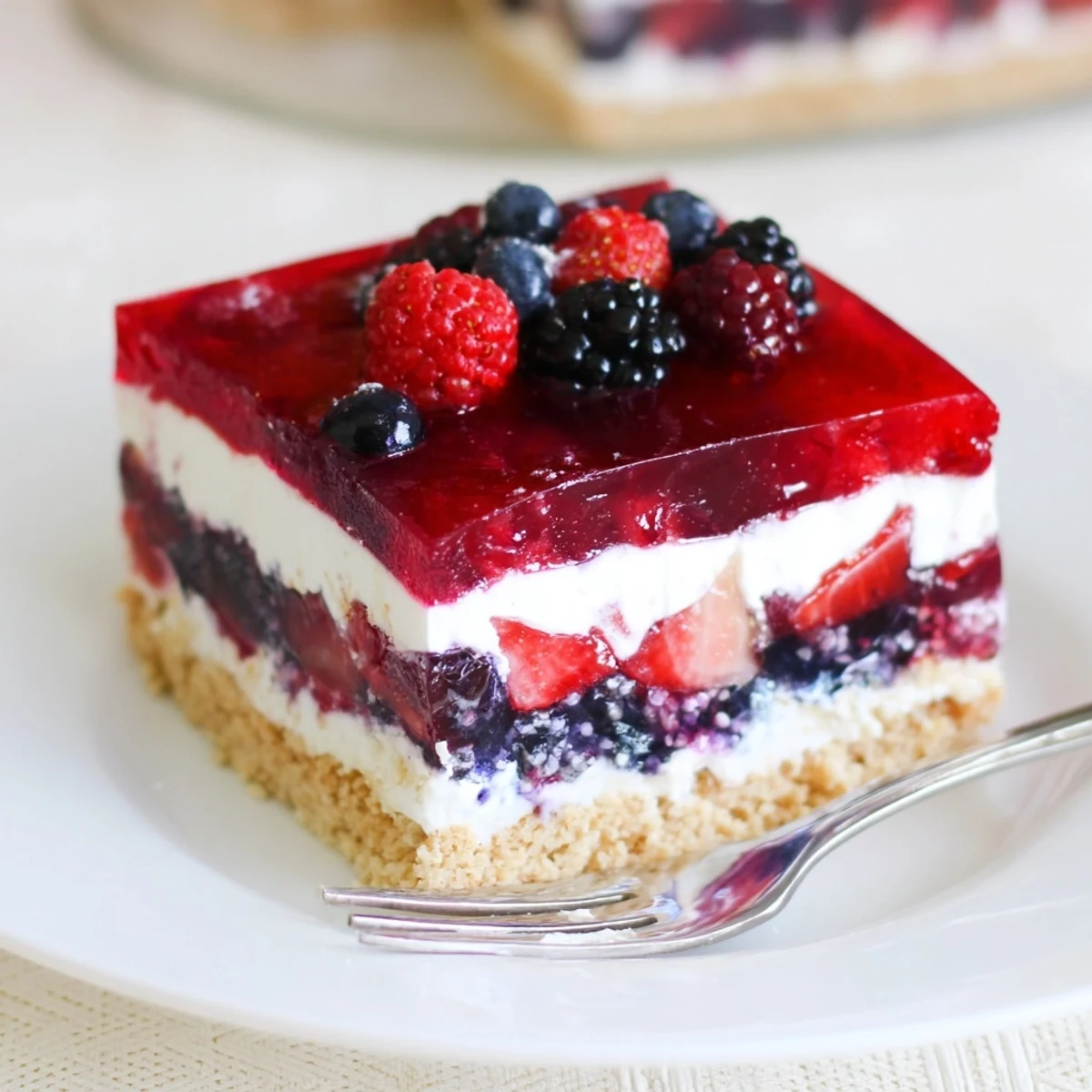 Layered graham cracker crust, creamy filling, vibrant fruit—Summer Berry Jello Lasagna