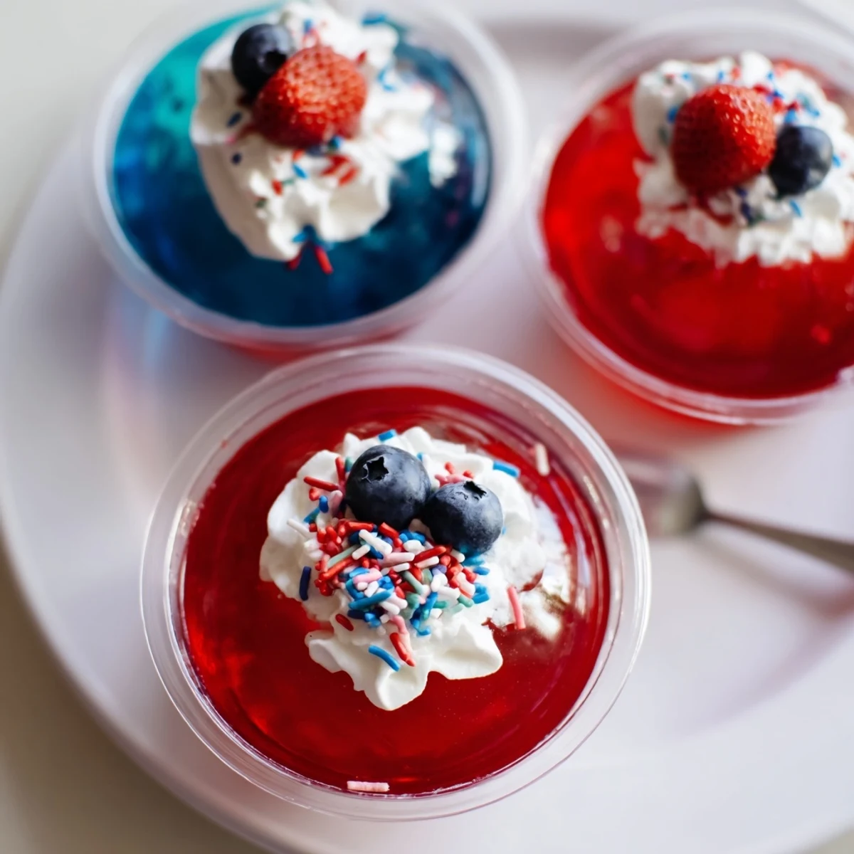 Red White And Blue Jello Cups shimmering in clear cups, topped with whipped cream