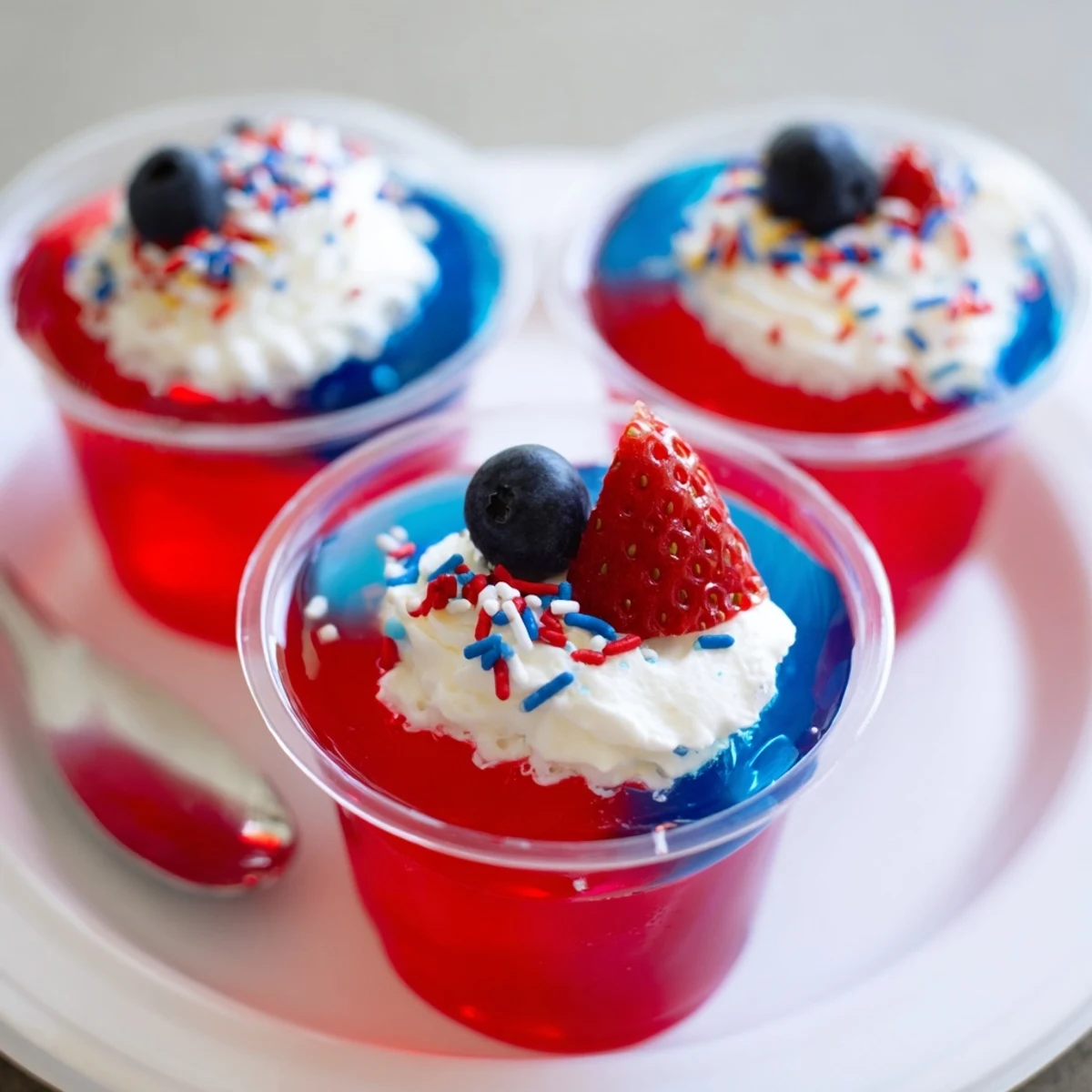 Layered Red White And Blue Jello Cups chilled for summer parties, garnished with berries