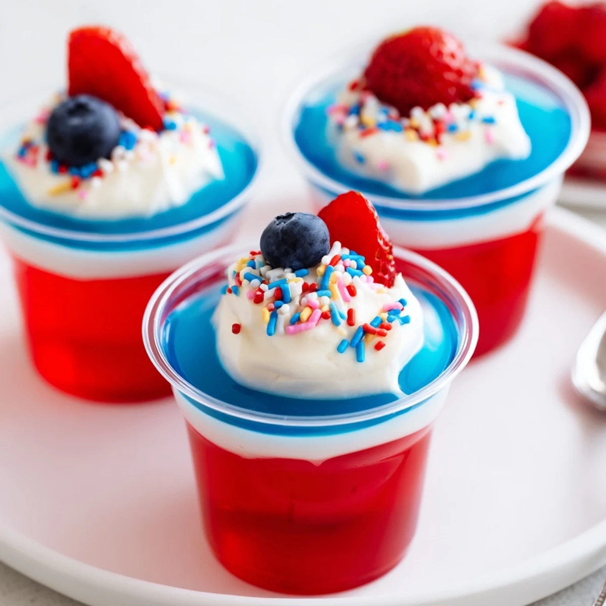 Patriotic Red White And Blue Jello Cups with creamy vanilla layer and fresh blueberries