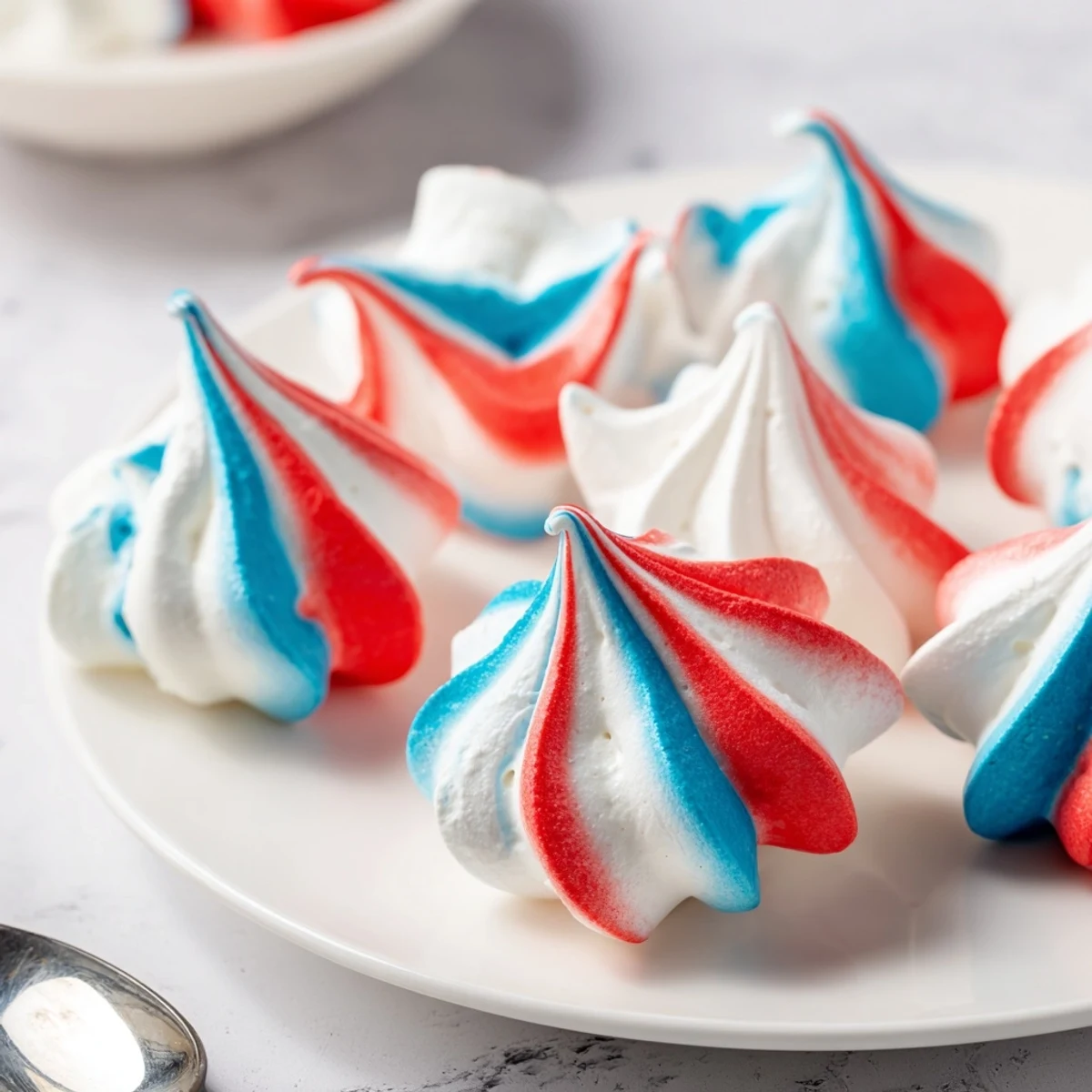 Fresh-baked Patriotic Meringue Kisses cooling on parchment, perfect for Fourth of July