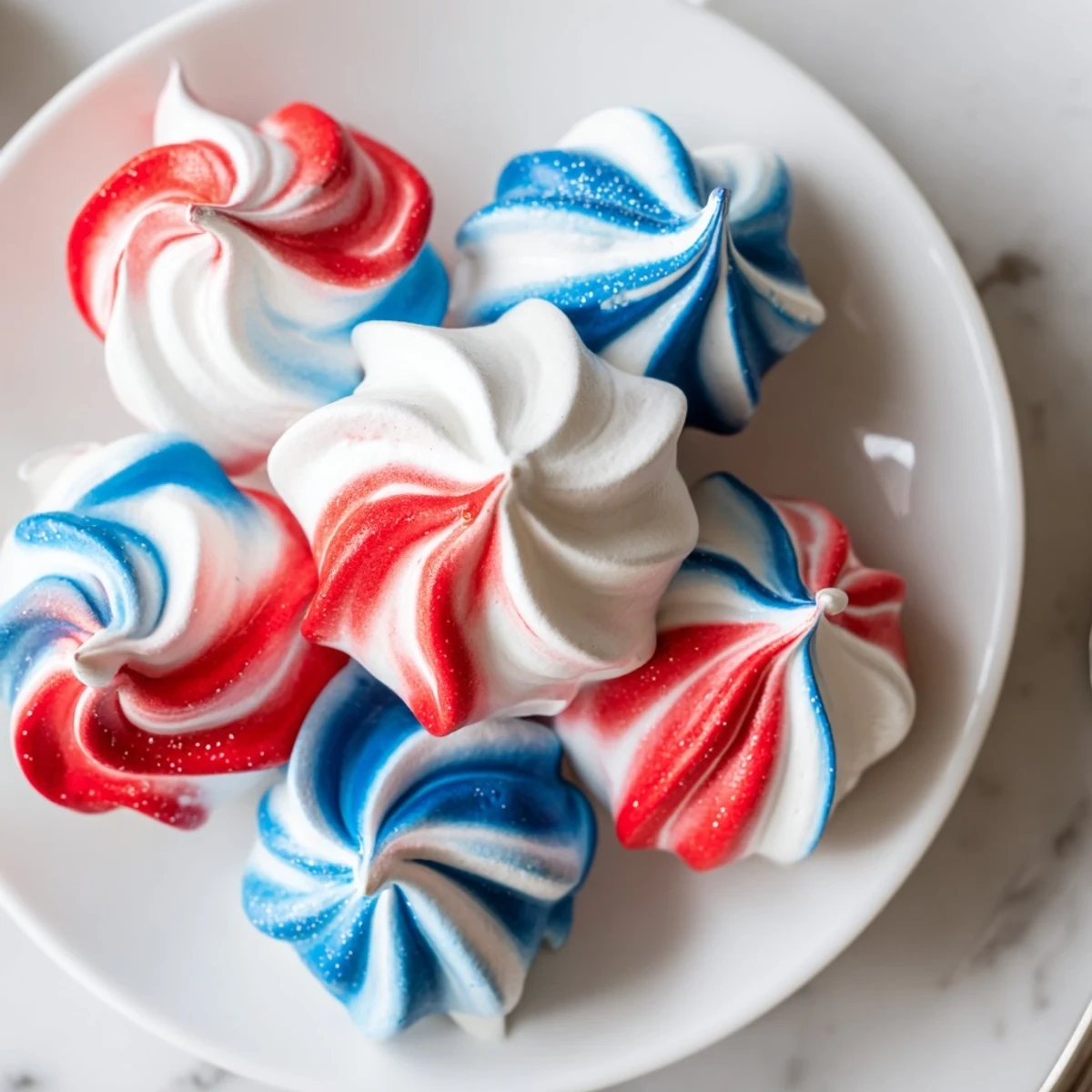 Patriotic Meringue Kisses crisp and airy, swirled red, white, and blue