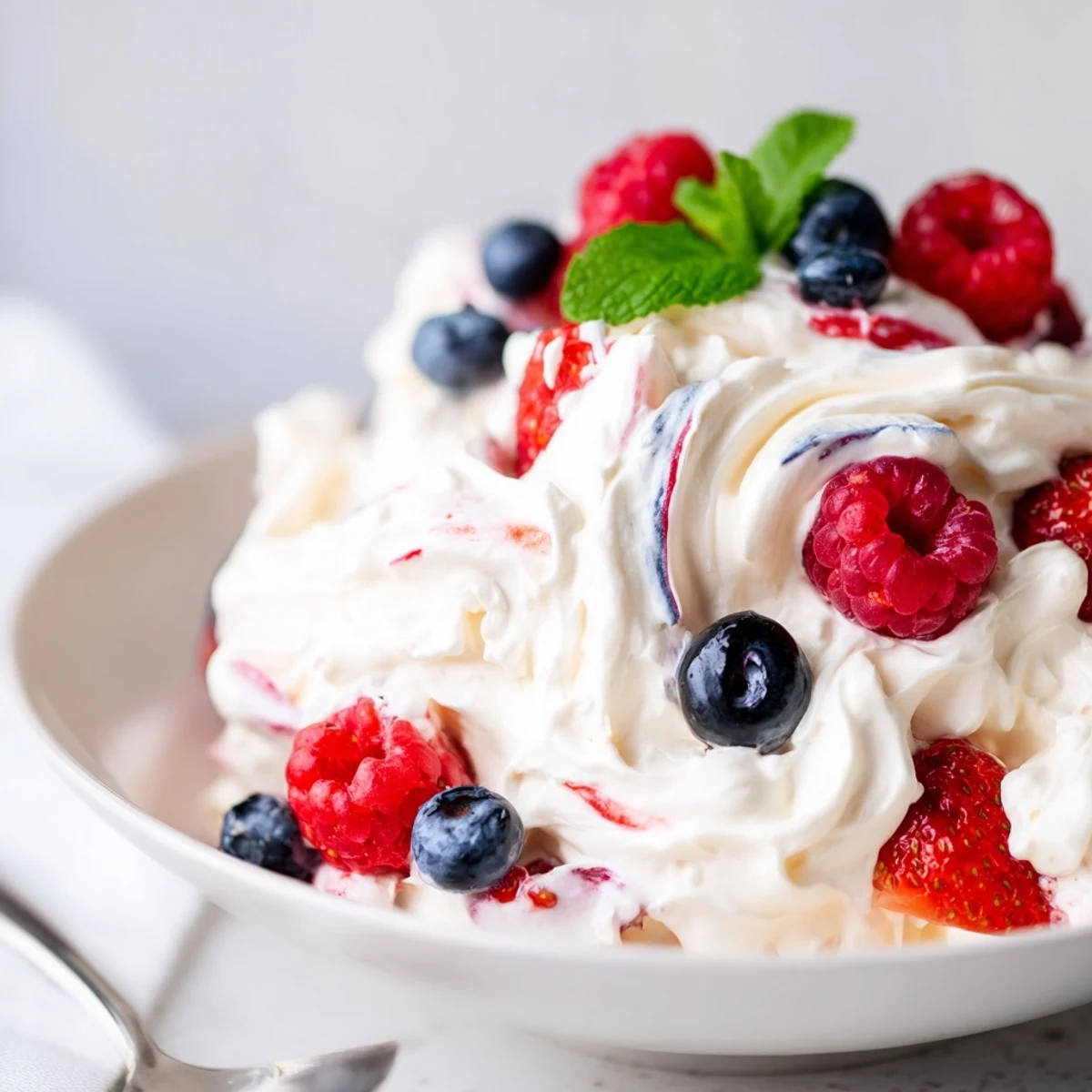 Red White Blue Cheesecake Salad spoon ready for patriotic picnic dessert