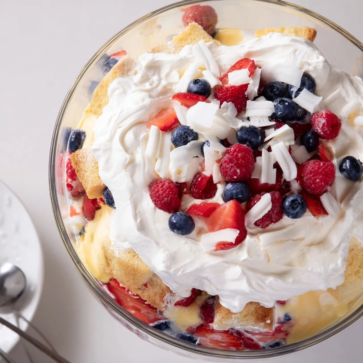 Red White and Blue Trifle layered with pound cake, fresh berries, and whipped cream