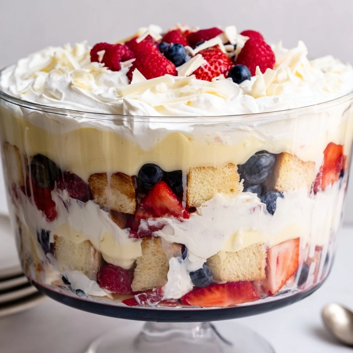 Creamy Red White and Blue Trifle chilled for summer parties, bright berry topping