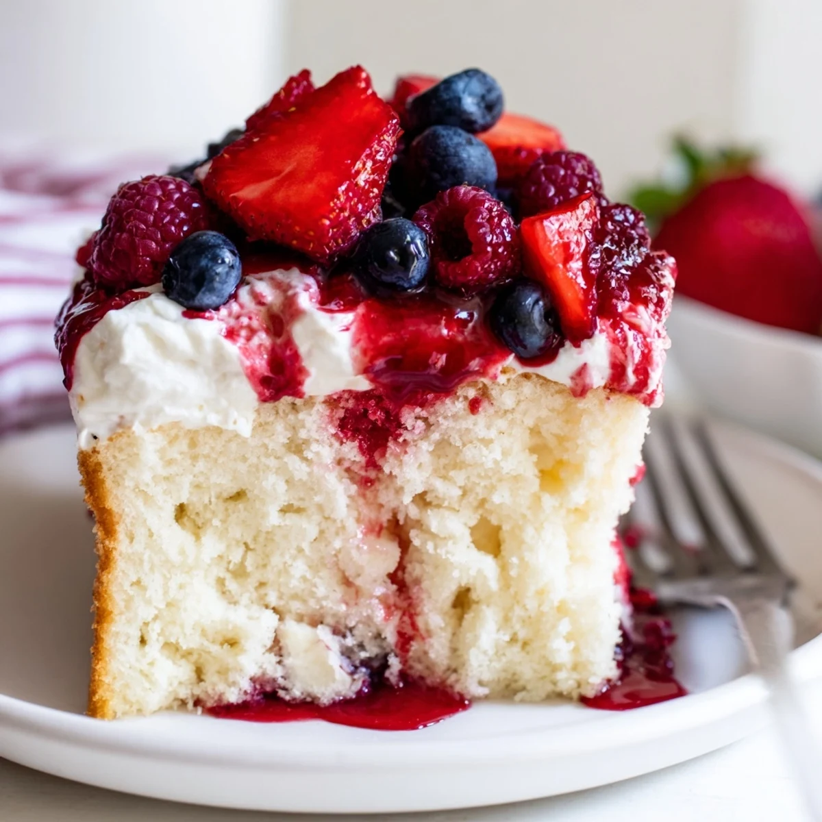 Summer Berry Poke Cake topped with fluffy whipped cream and glistening berries